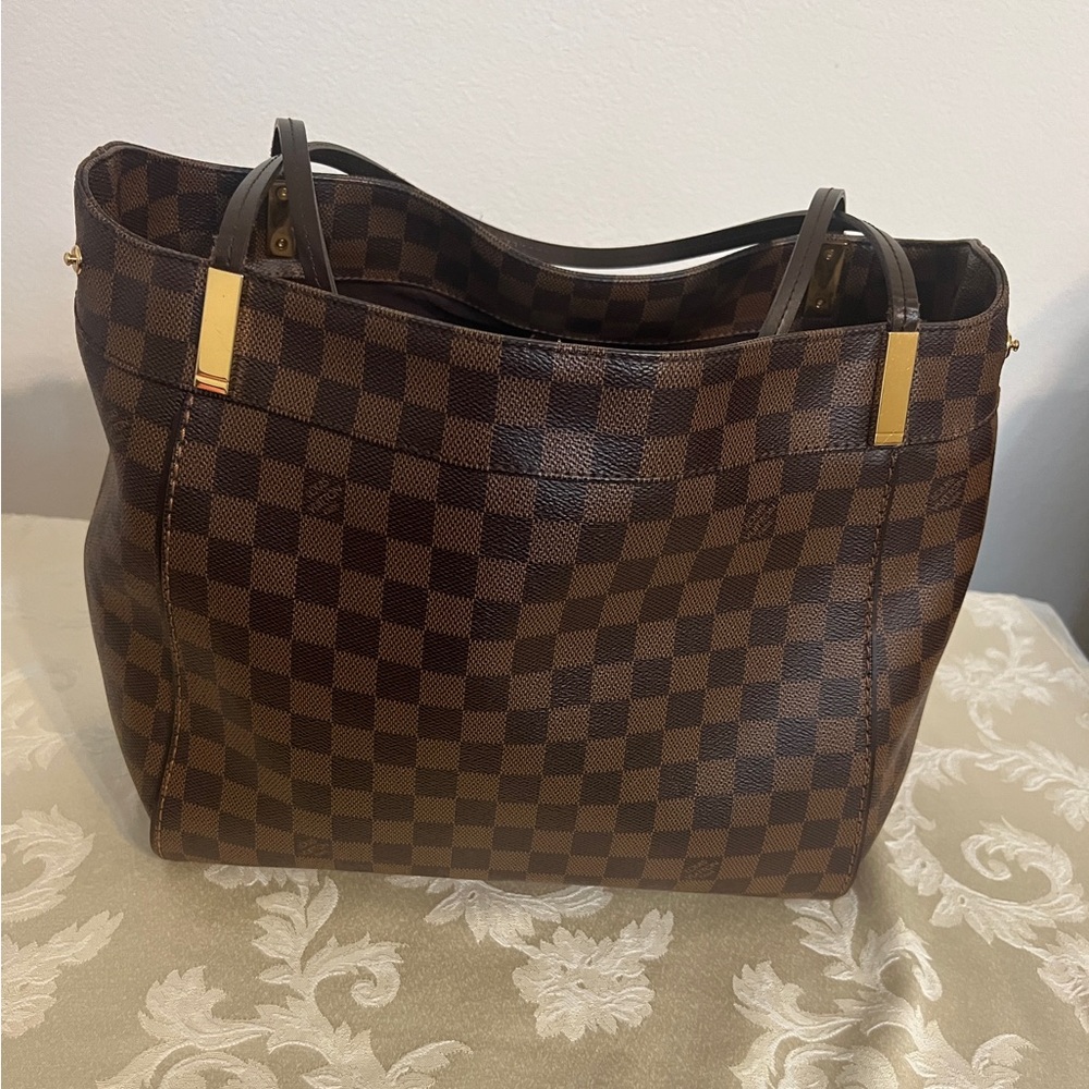 Louis Vuitton Brown Damier Ebene Canvas Tote with Gold Hardware - Picture 2 of 13